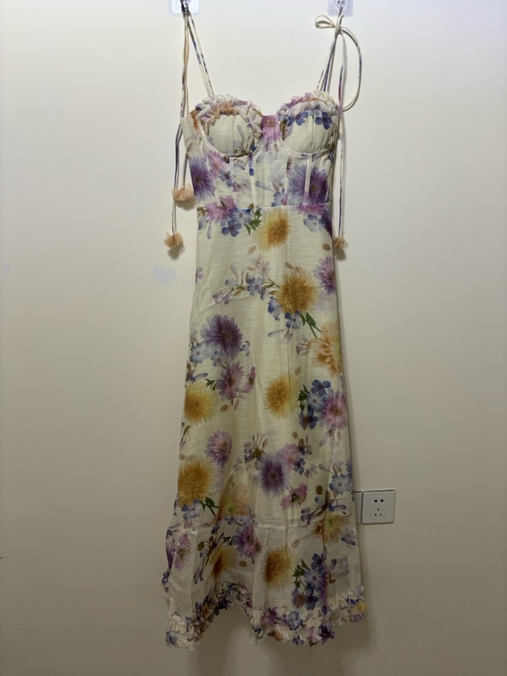 Zimmermann Floral Tie-Shoulder Slip Dress in Cream and Purple